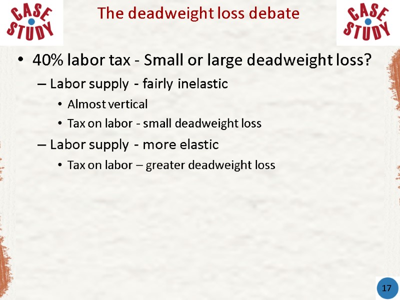 40% labor tax - Small or large deadweight loss? Labor supply - fairly inelastic 40% labor tax - Small or large deadweight loss? Labor supply - fairly inelastic